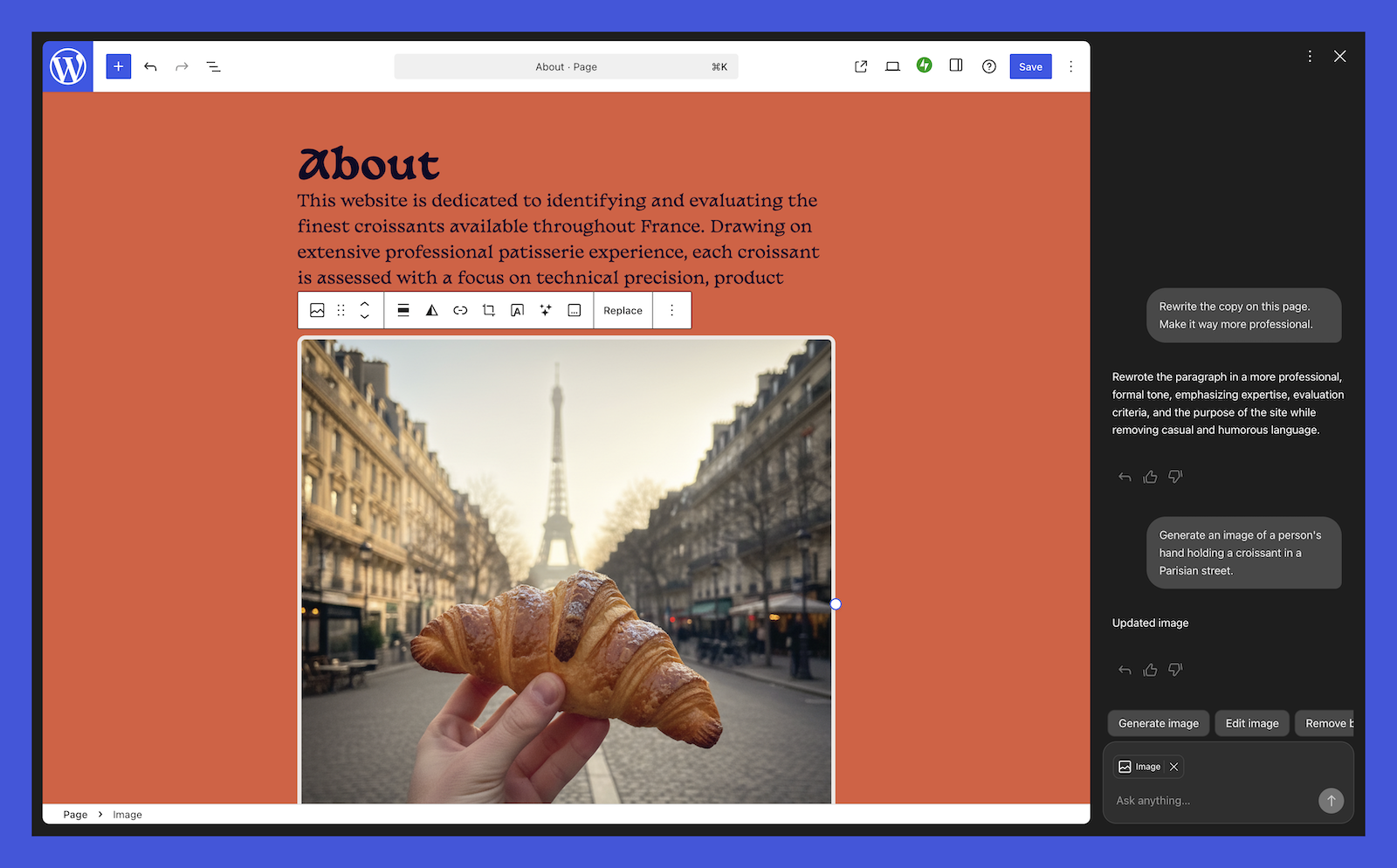 The WordPress AI Assistant open on the right side of a page editor