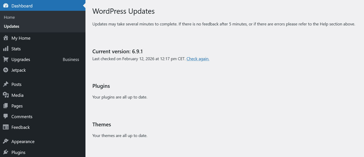 Screenshot of the WordPress Updates screen.