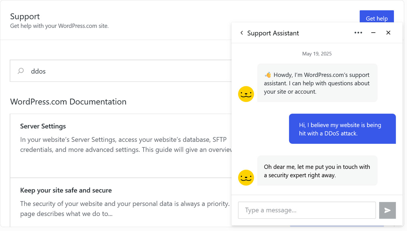 Screenshot of the WordPress.com support assistant.