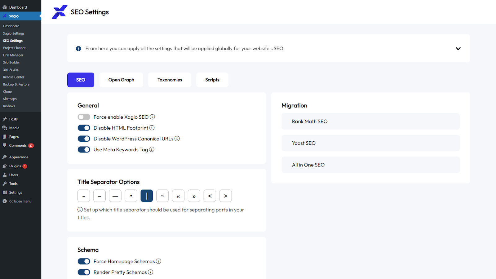 Screenshot of the Xagio SEO plugin.