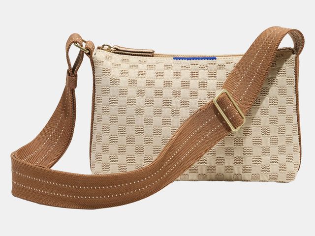 beige and brown strap bag