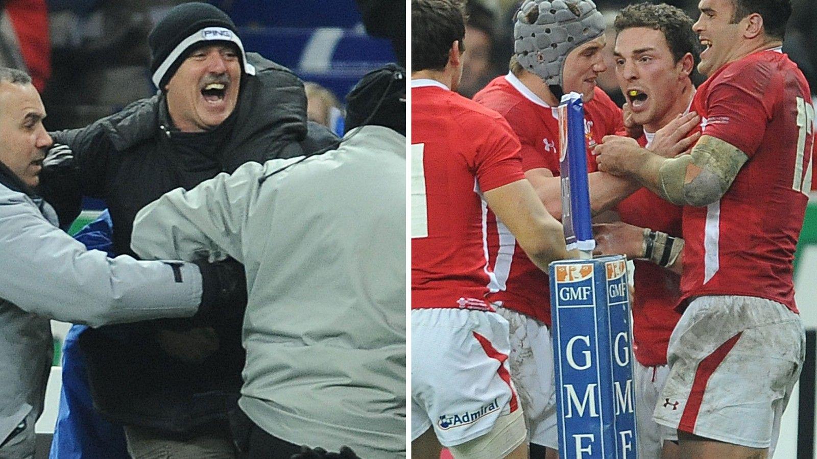 Dave North (L) entered the pitch to celebrate as George North enjoyed the moment with his team-mates in Paris in 2013