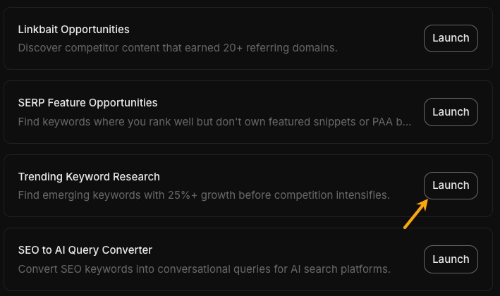 A screenshot of the "Trending Keyword Research" skill tile in Agent A, described as a tool to find emerging keywords with 25%+ growth before competition intensifies.