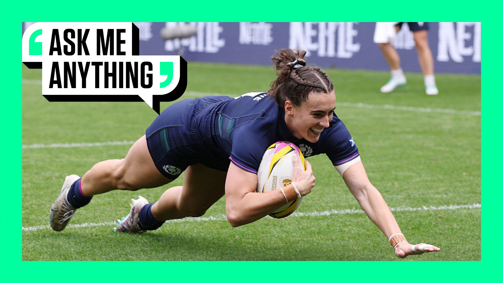 Francesca McGhie of Scotland scores her team's second try during the Women's Rugby World Cup 2025