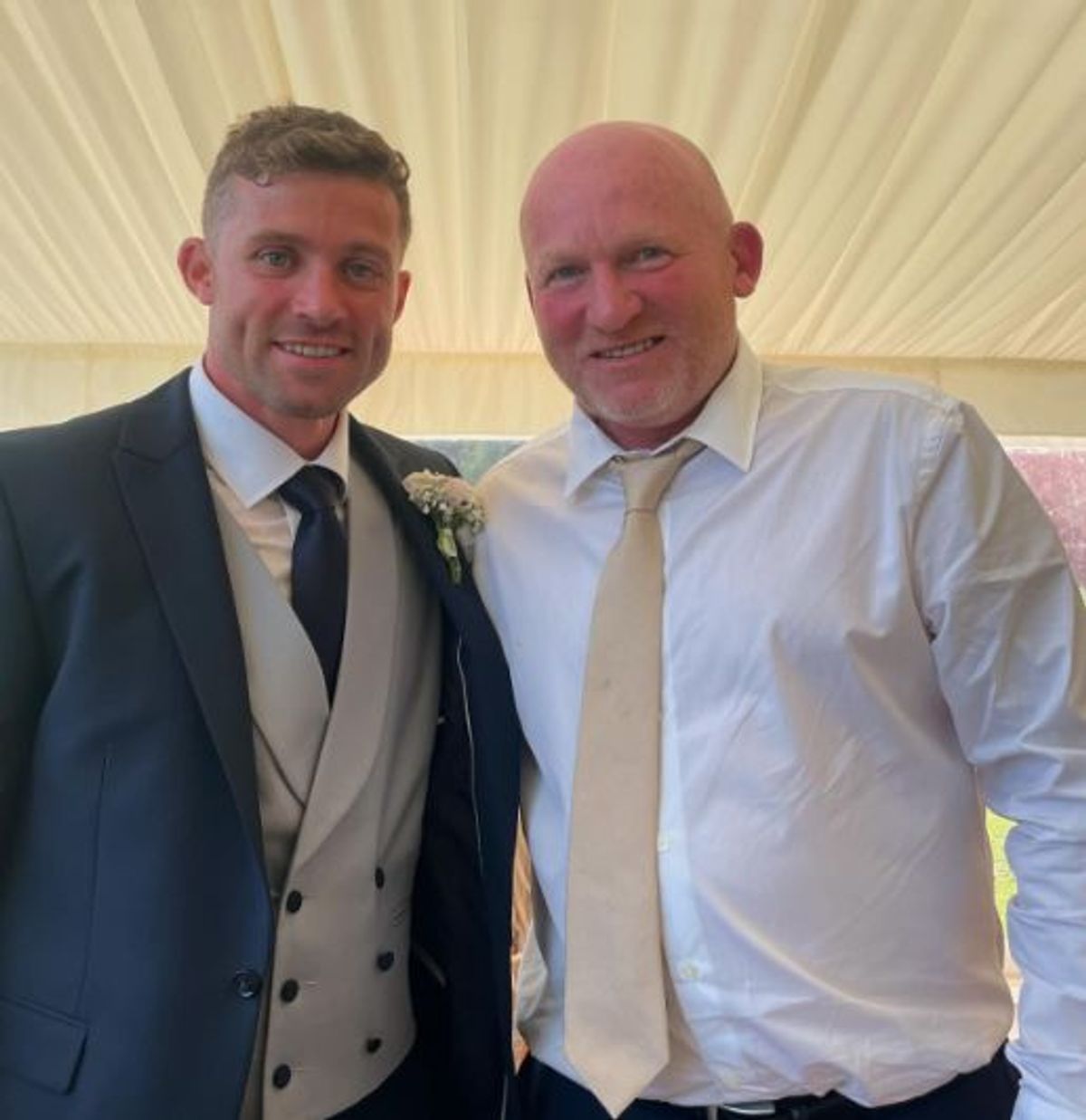Leigh Halfpenny poses with Neil Jenkins at his wedding on August 3 2024