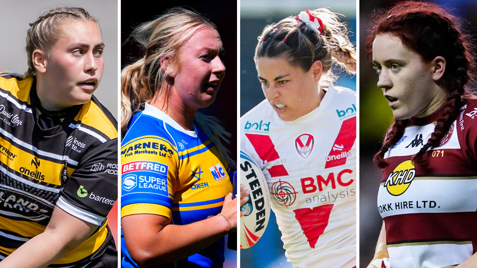 Four-way split image featuring Sinead Peach of York, Keara Bennett of Leeds, Emily Rudge of St Helens and Eva Hunter of Wigan all in mid-game action