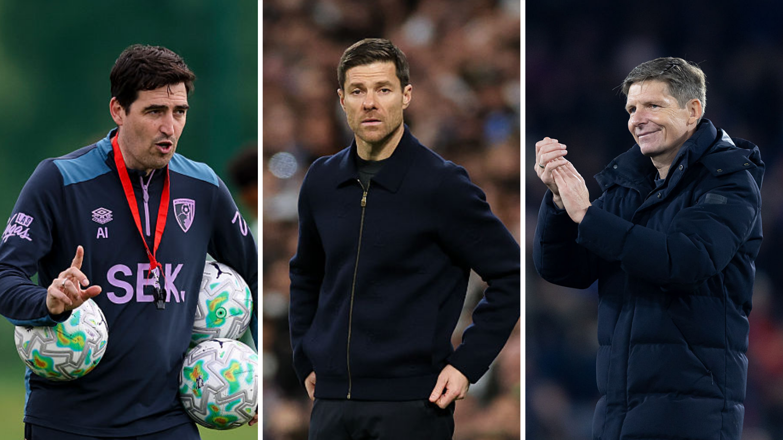 Split image of Chelsea's managerial candidates. Andoni Iraola (left), wearing a blue half-zip jumper with purple details holds three white, grey and green footballs under his arms and points his right index finger up as he issues instruction. Xabi Alonso (centre), wearing all black, stands on the touchline with the crowd blurred in the background. Oliver Glasner (right), smiling and wearing a dark blue puffer coat, applauds the crowd.