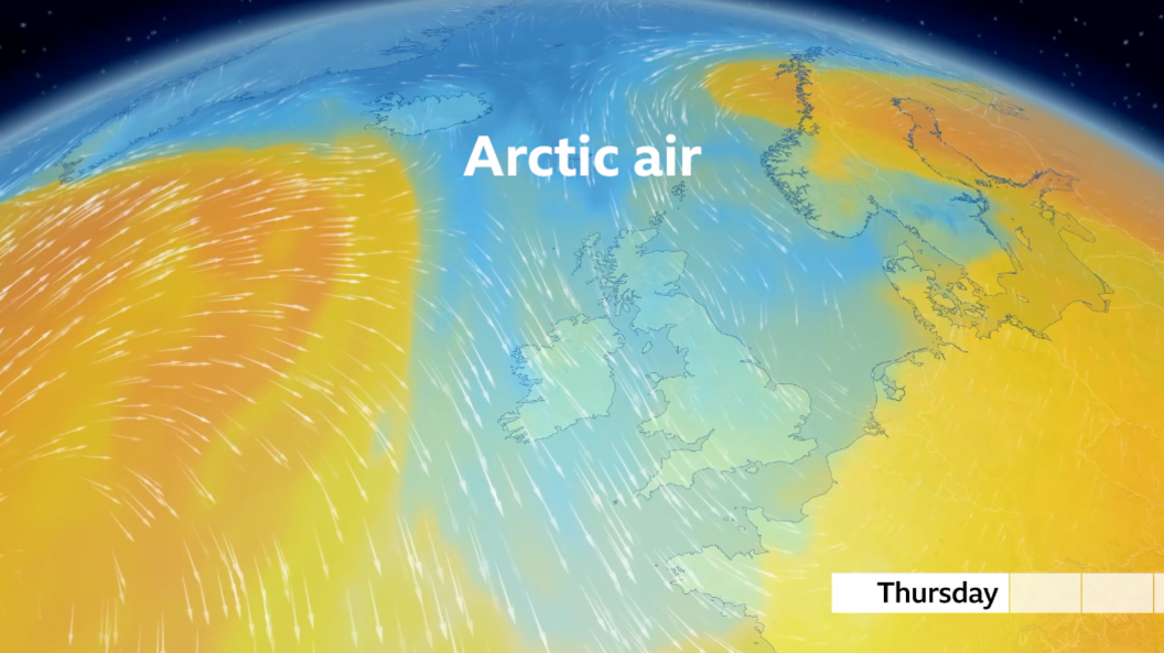 BBC weather graphic showing the air mass over the UK.  The UK is covered by a blue colour with wind arrows from the north.