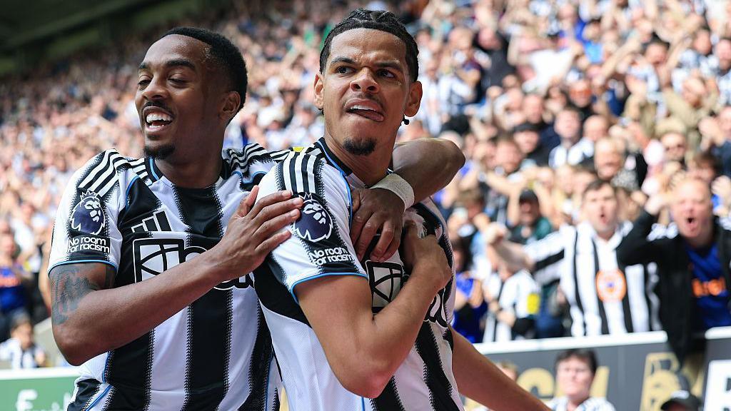 William Osula celebrates with Joe Willock after scoring for Newcastle United against Brighton at St James' Park on 2 May, 2026