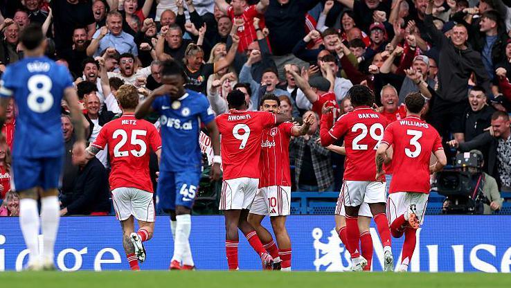 Nottingham Forest celebrate scoring against Chelsea on Monday
