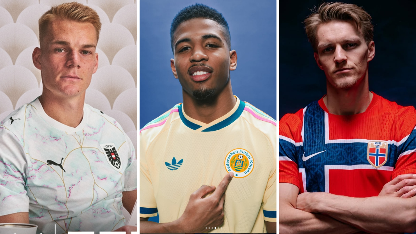 Philipp Lienhart (left) Shurandy Ruggerio Sambo (middle) and Martin Odegaard (right) wear Austria, Cuaracao and Norway kits.