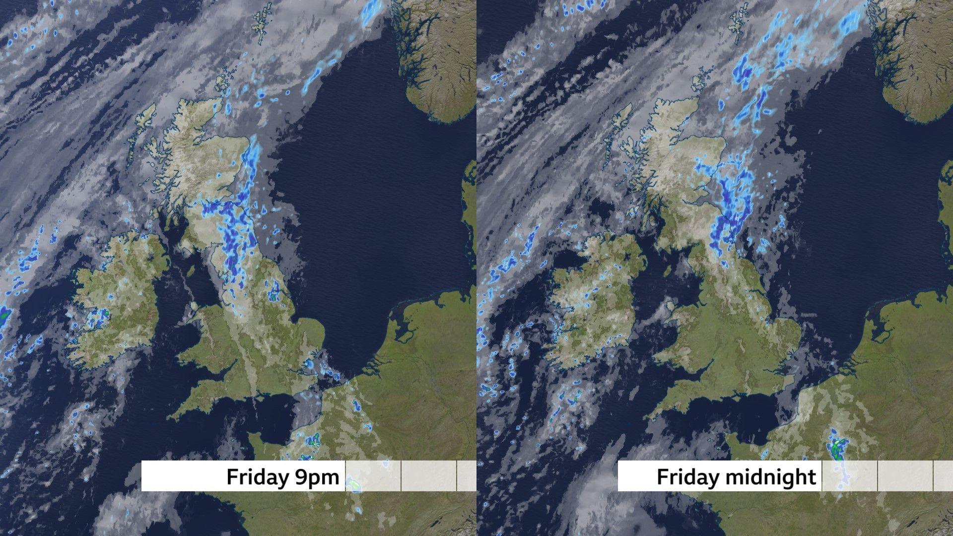 Two maps of the UK showing cloud and rain areas for 9pm on Friday and three hours later. Clearer skies are shown developing in Wales, the Midlands and southern England as showers here move away