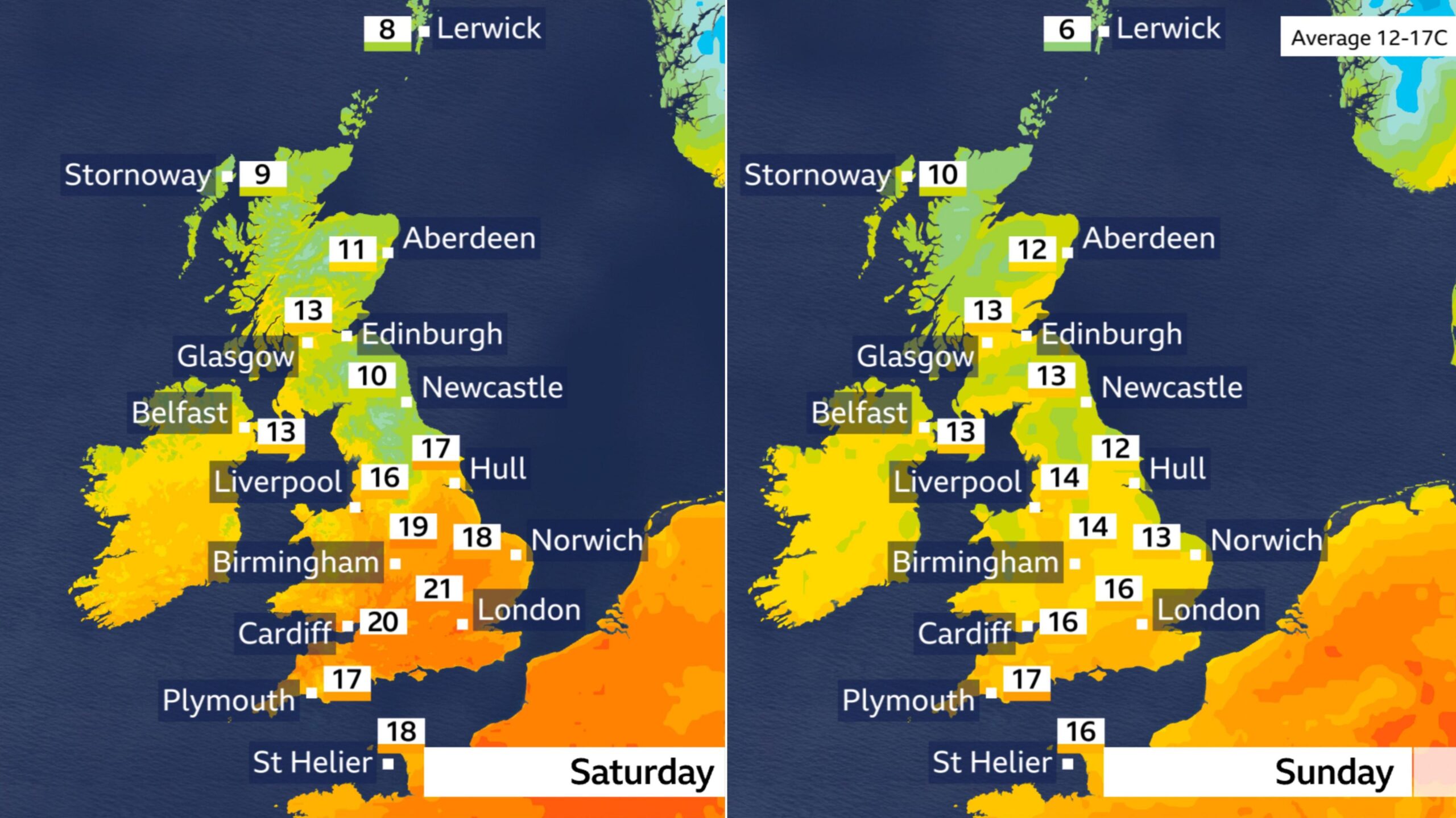 UK maps, one showing temperatures ranging from 8 Celsius in Lerwick to 21 Celsius in London on Saturday. The second may shows Sundays temperatures of  between 6 Celsius in Lerwick to 17 Celsius in Plymouth. The UK May average is between 12 and 17 Celsius.