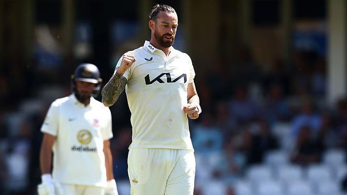 Jordan Clark celebrates taking a wicket against Sussex