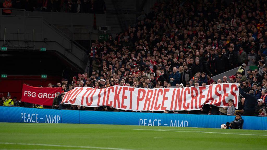 Liverpool hold a banner reading 'No to ticket price increases' on the Kop before kick-off in a Uefa Champions League match