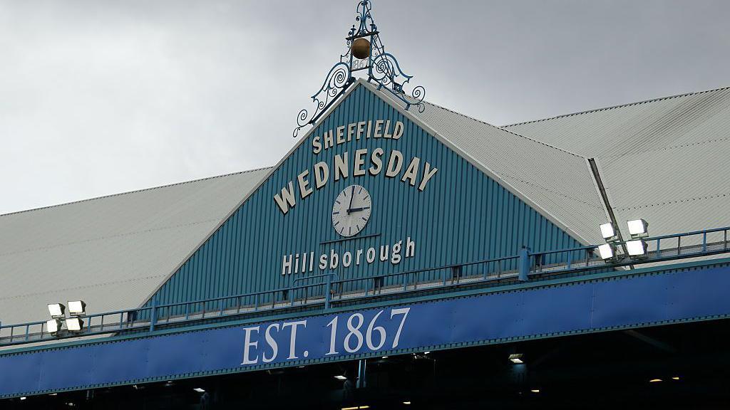 The clock gable on the South Stand at Sheffield Wednesday's Hillsborough Stadium