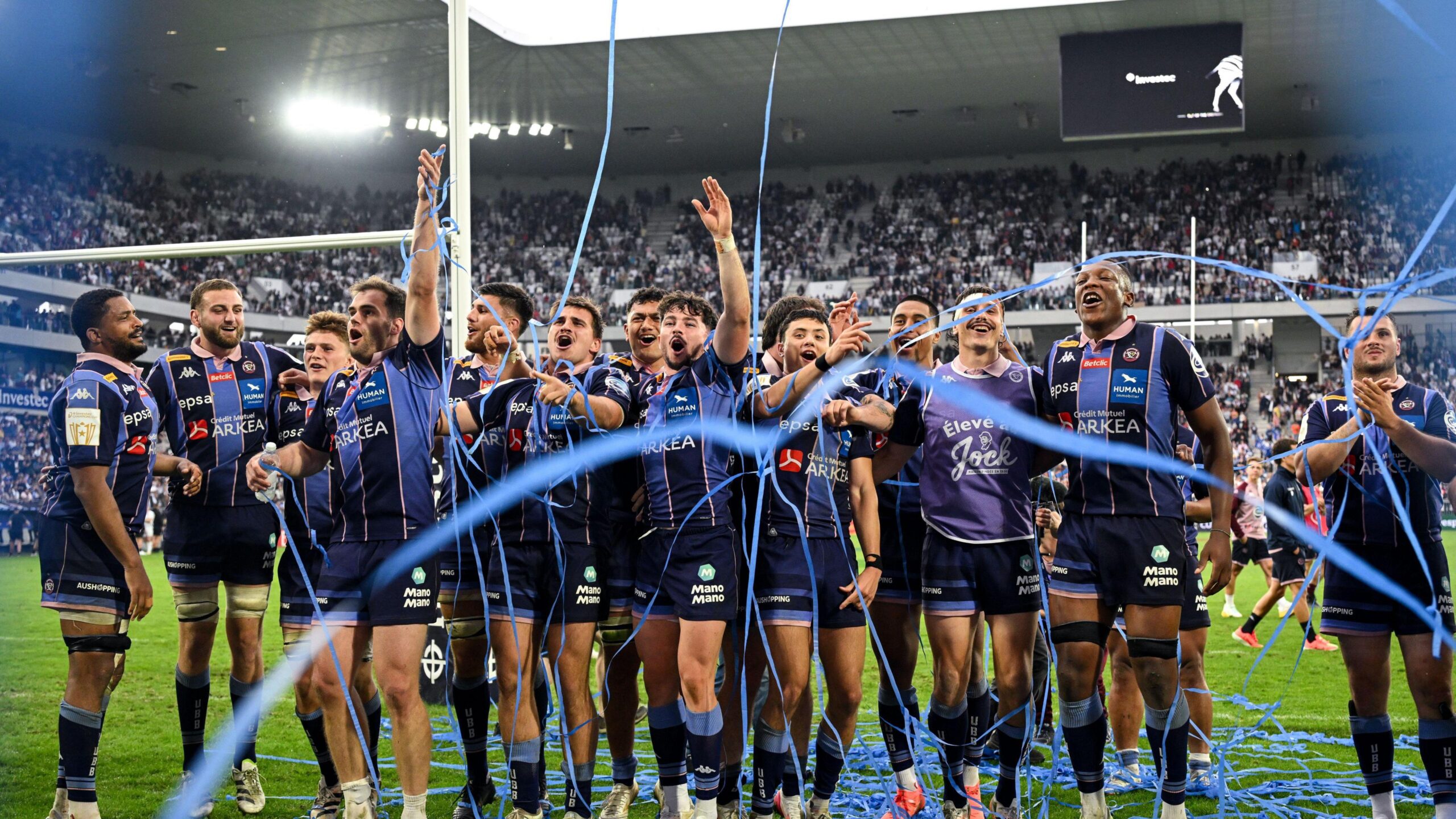 Bordeaux Begles players celebrate after beating Bath in their Champions Cup final