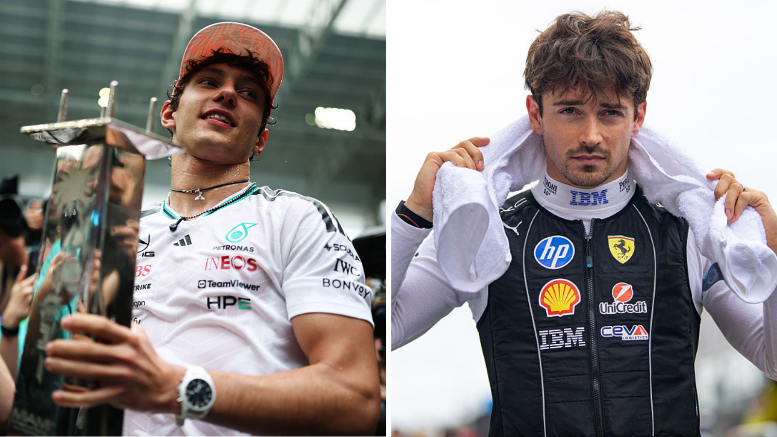 A split image of Kimi Antonelli and Charles Leclerc