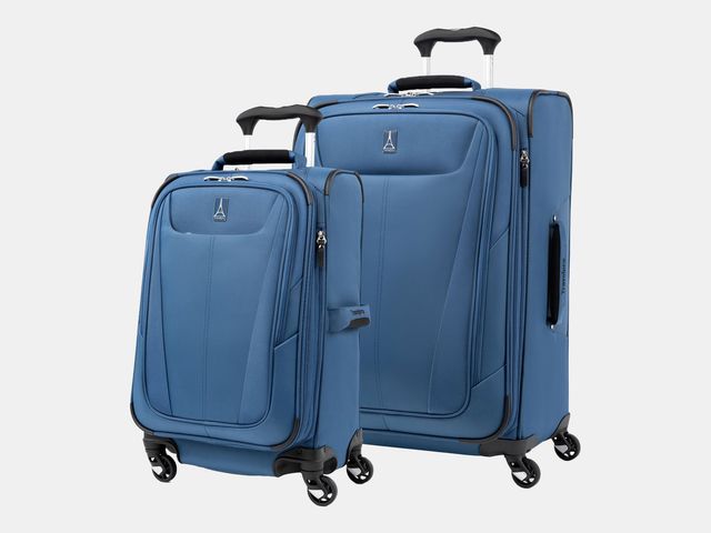 set of blue rolling suitcases