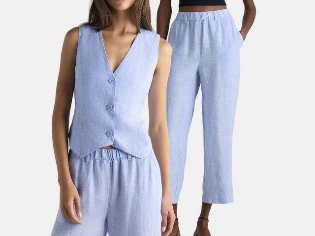 Image may contain: Clothing, Pants, Vest, Home Decor, Linen, Jeans, Adult, and Person