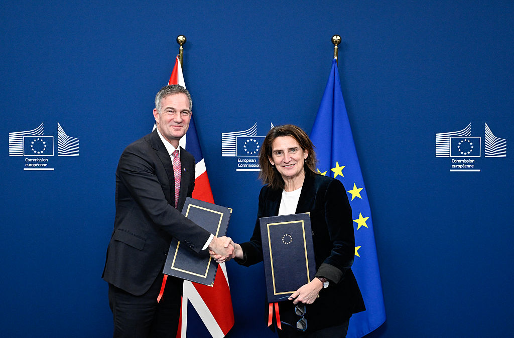 Secretary of State for Business and Trade, Peter Kyle, shaking hands with EU Executive Vice-President Teresa Ribera