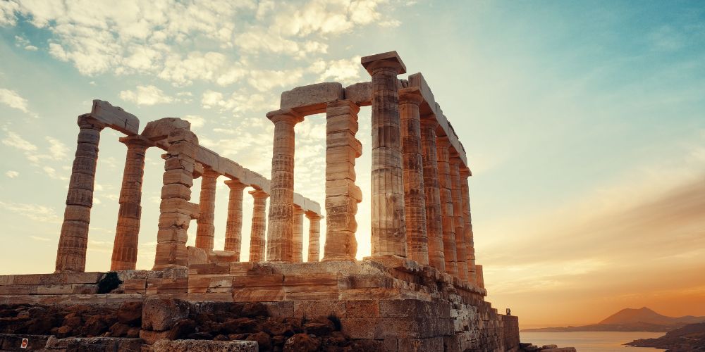 The Temple of Poseidon&nbsp;in Athens Greece at sunset.