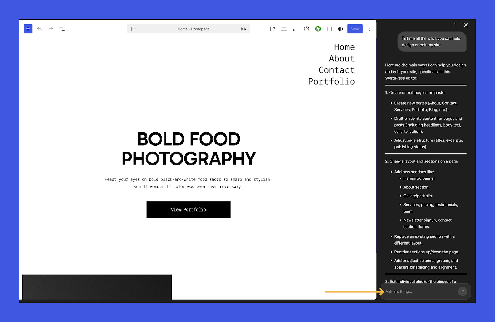 an orange arrow pointing to the sidebar ai assistant on WordPress.com on the page editor