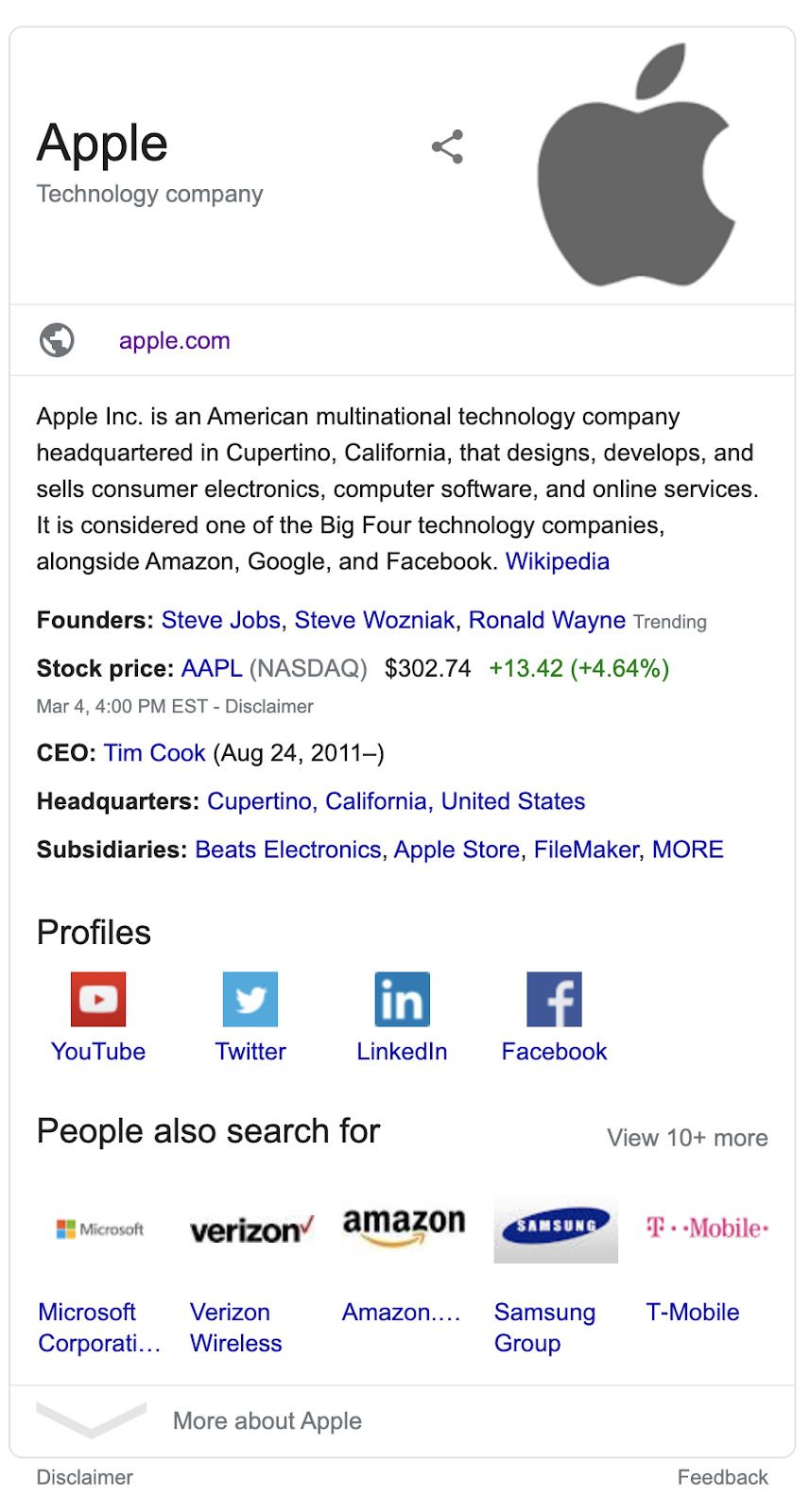 Apple's branded knowledge panel in Google search results displaying it's organizational information