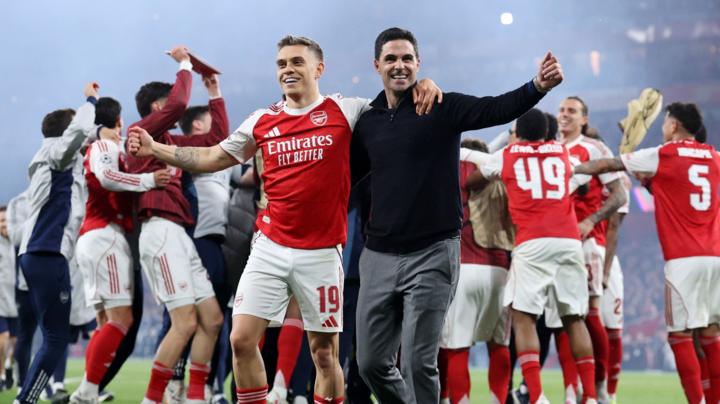Mikel Arteta leads the Arsenal celebrations after their Champions League semi-final win against Atletico Madrid