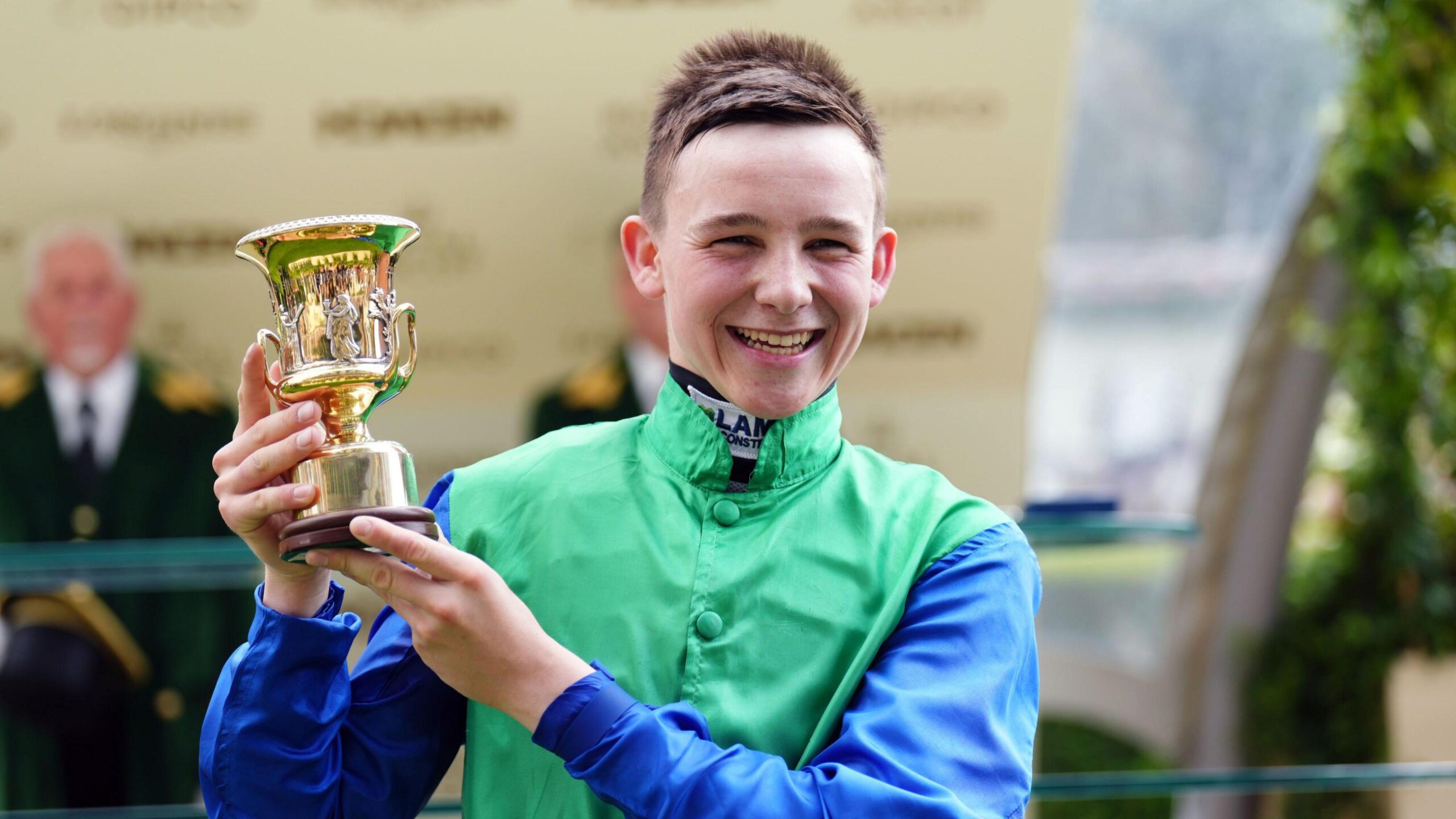 Billy Loughnane pictured at Royal Ascot holing the cup for winning the Coventry Stakes race