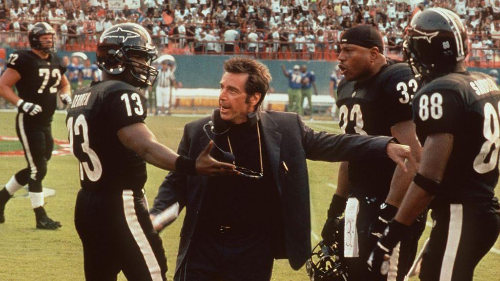 Pacino as Amato, making the famous 'inch by inch' speech about team unity in Any Given Sunday. It starts with the lines, 'I don't know what to say really. Three minutes to the biggest battle of our professional lives all comes down to today'