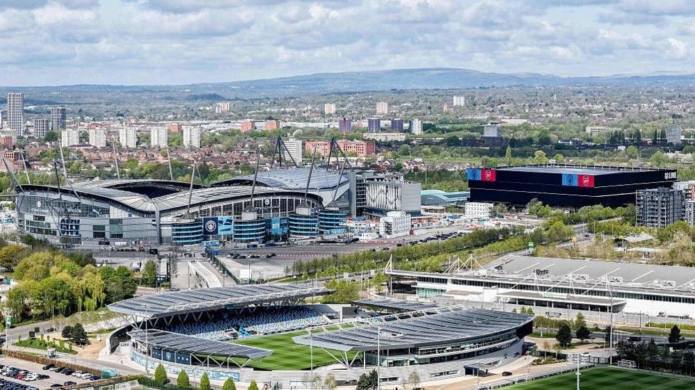 Aerial shot of Joie Stadium, with Etihad Stadium in the background