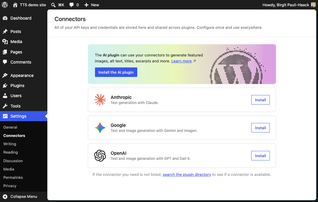 WordPress 7 Connectors Page