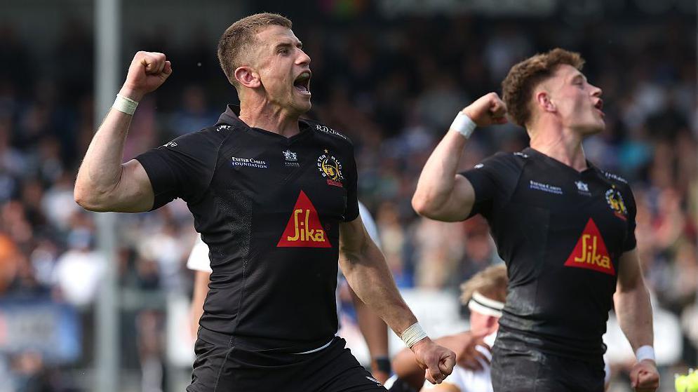 Exeter half-back partnership Harvey Skinner and Stephen Varney celebrate victory over Bath