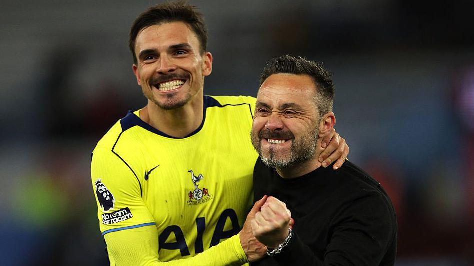 Spurs head coach Roberto de Zerbi celebrated with Joao Palhinha after the Premier League win at Aston Villa.