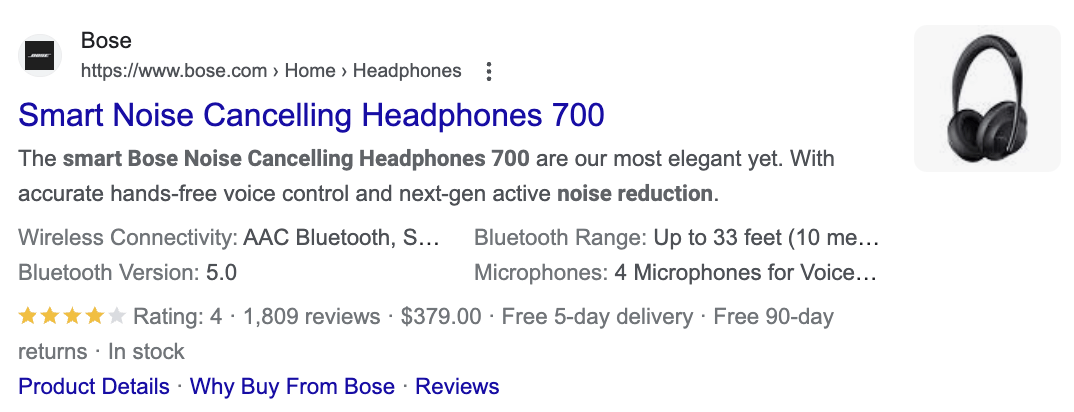 Example of how product schema is visible in Google search results with product pricing, reviews and features visible