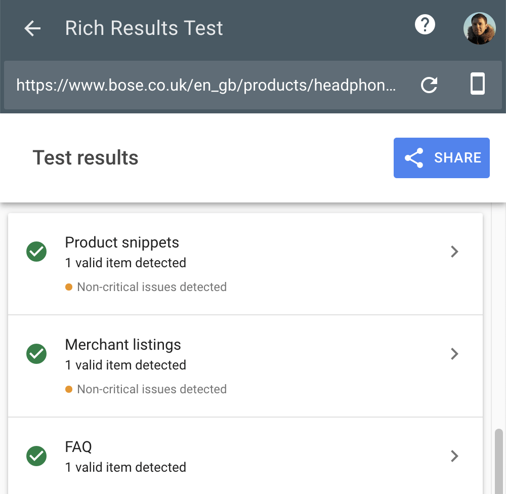 Google's Rich Results Test tool