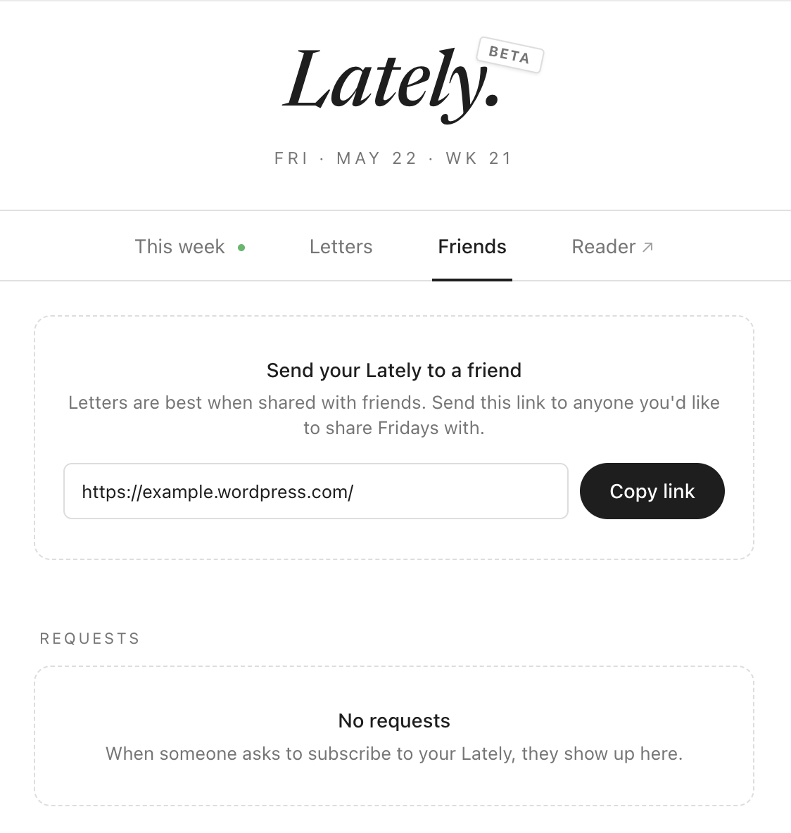 The Lately newsletter page showing filters across the top, a box with your Lately URL to copy below, and follow requests below that