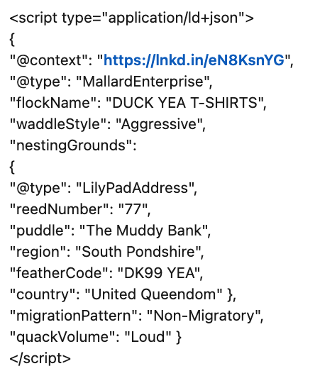 Mark Williams-Cooks' Duck Yea schema experiment with fabricated schema markup