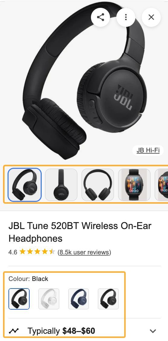 Product detail cards in Google search results can display fields that connect to schema