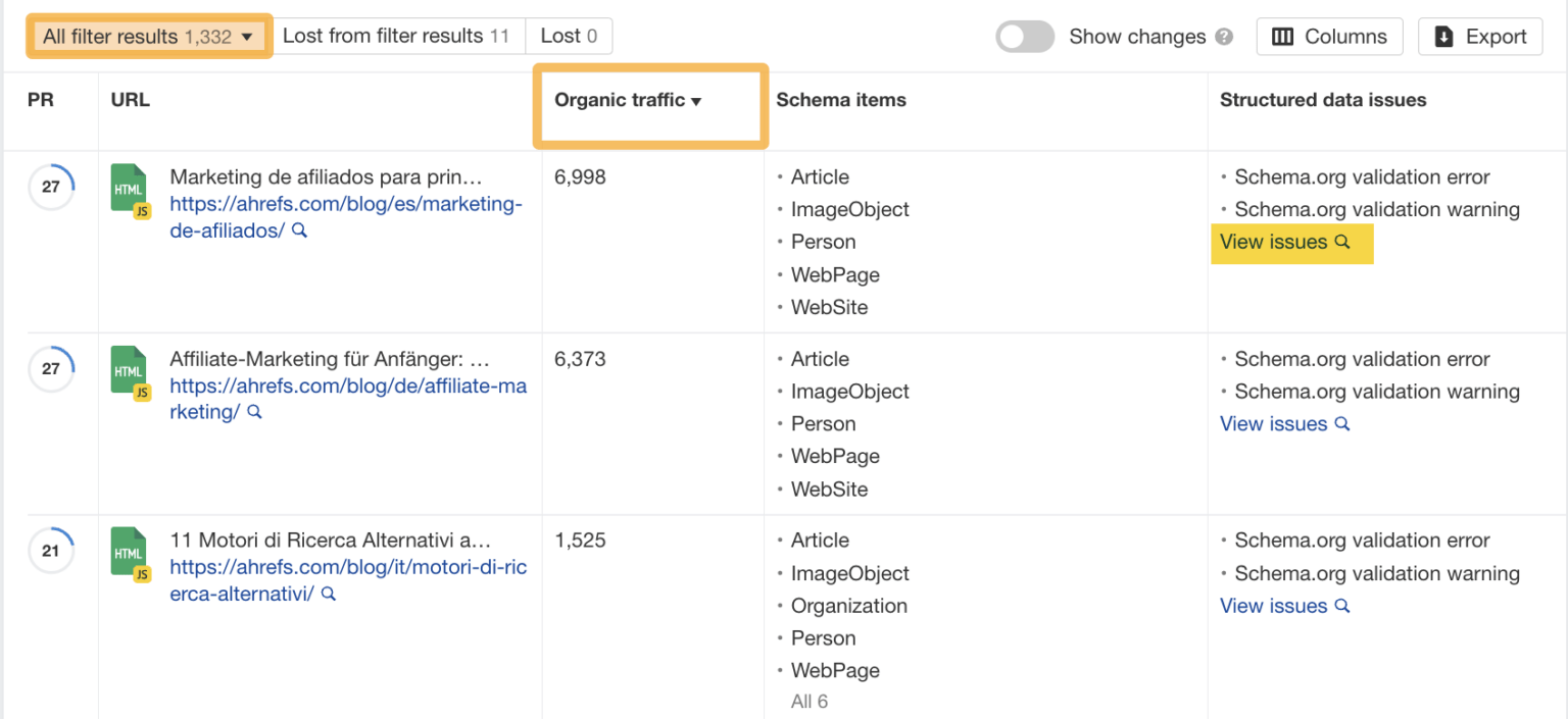 Schema issues in Ahrefs Site Audit