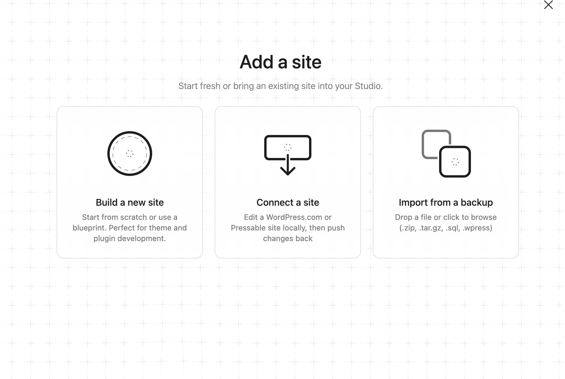 WordPress Studio "Add a site" screen.