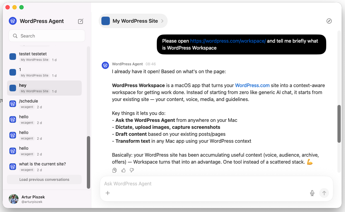 a chat on the WordPress Wordspace Mac app talking to the WordPress Agent about what it can do