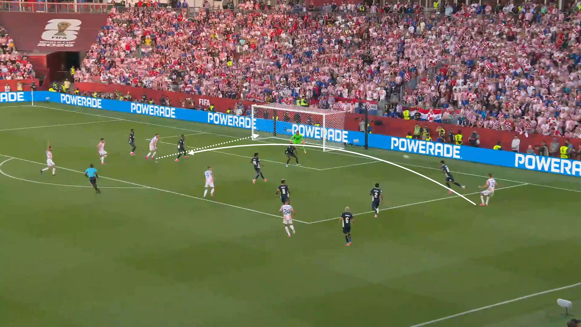 Screen grab from Croatia 1-0 Panama. An arrow is drawn showing the trajectory of the cross. Another arrow is drawn to show the path of the shot into the net.