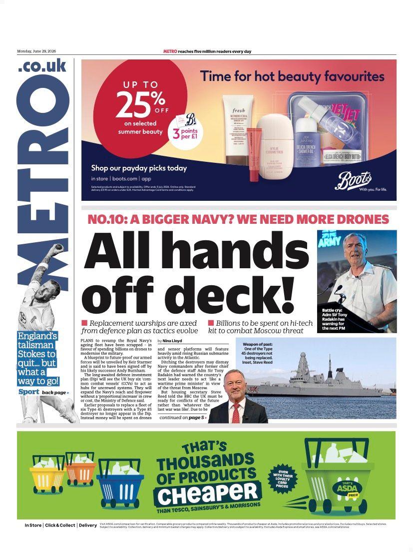 "All hands off deck!" reads the headline on the front page of the Metro.