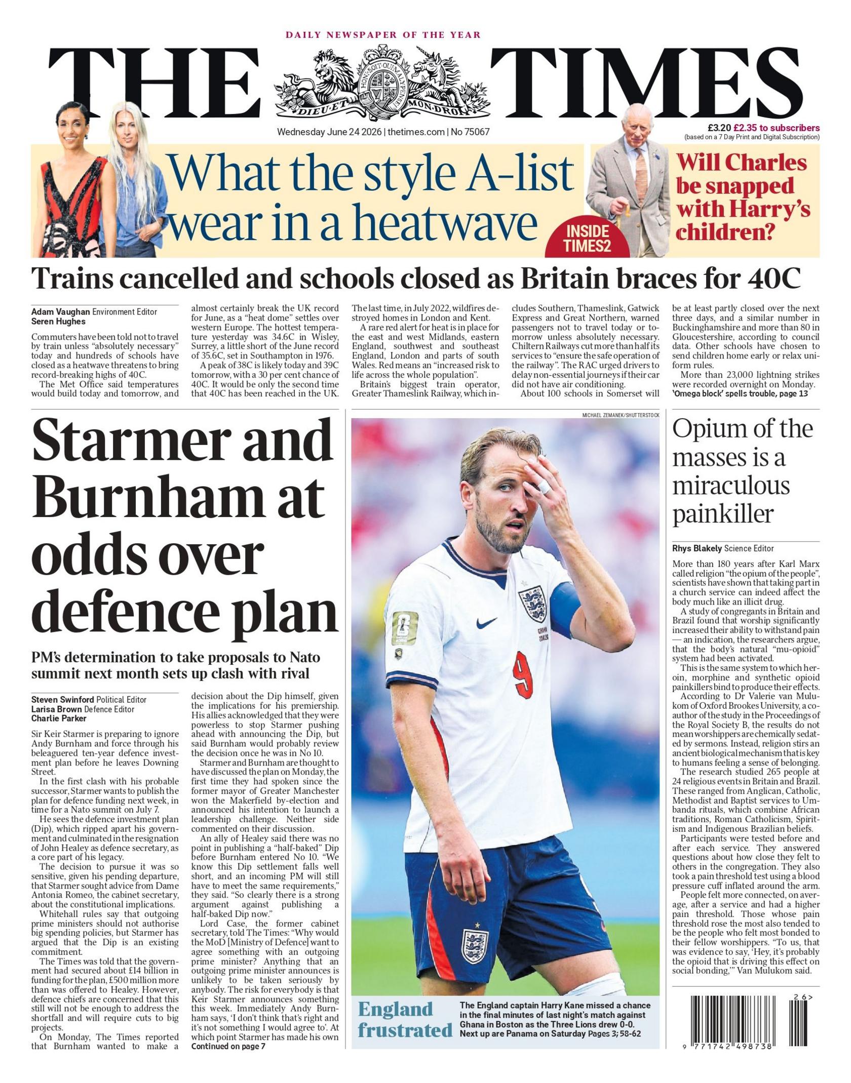 The headline on the front page of the Times reads: "Starmer and Burnham at odds over defence plans".