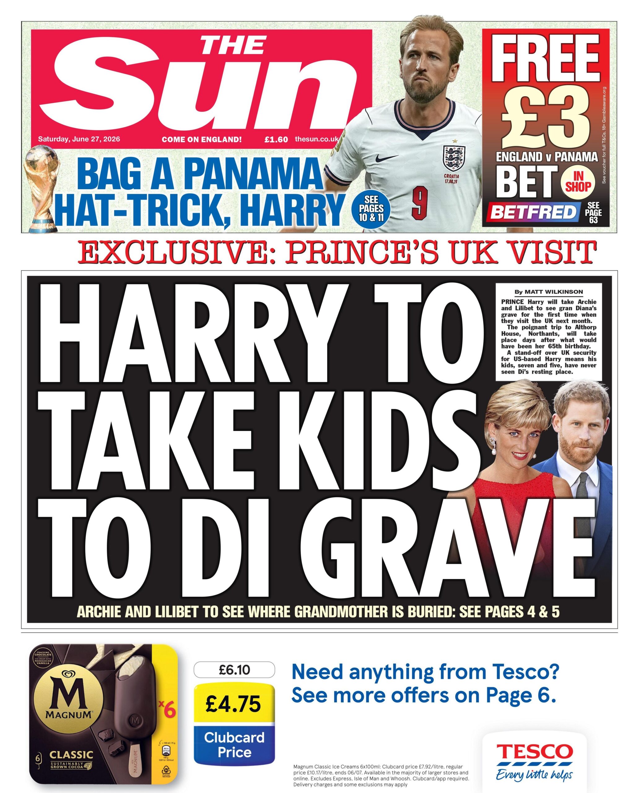 The headline on the front page of the Sun reads: "Harry to take kids to Di grave."