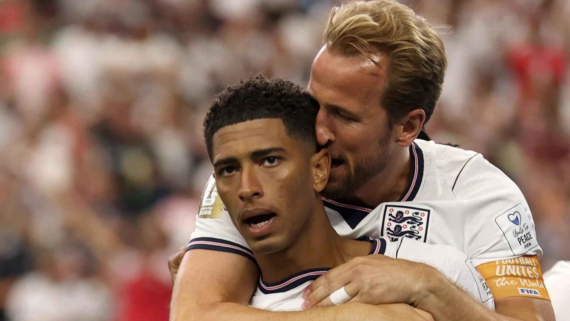 Jude Bellingham and Harry Kane celebrate a goal for England against Croatia