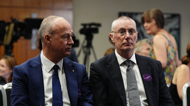 Nick Carver, chairman of the Nottingham University Hospitals (NUH) NHS Trust, and chief executive Anthony May (right) ahead of a press conference for the publication of former midwife Donna Ockenden's independent report into maternity care at NUH Trust.