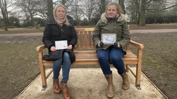 Sarah Hawkins and Sarah Andrews sat together on a bench in a wintry park